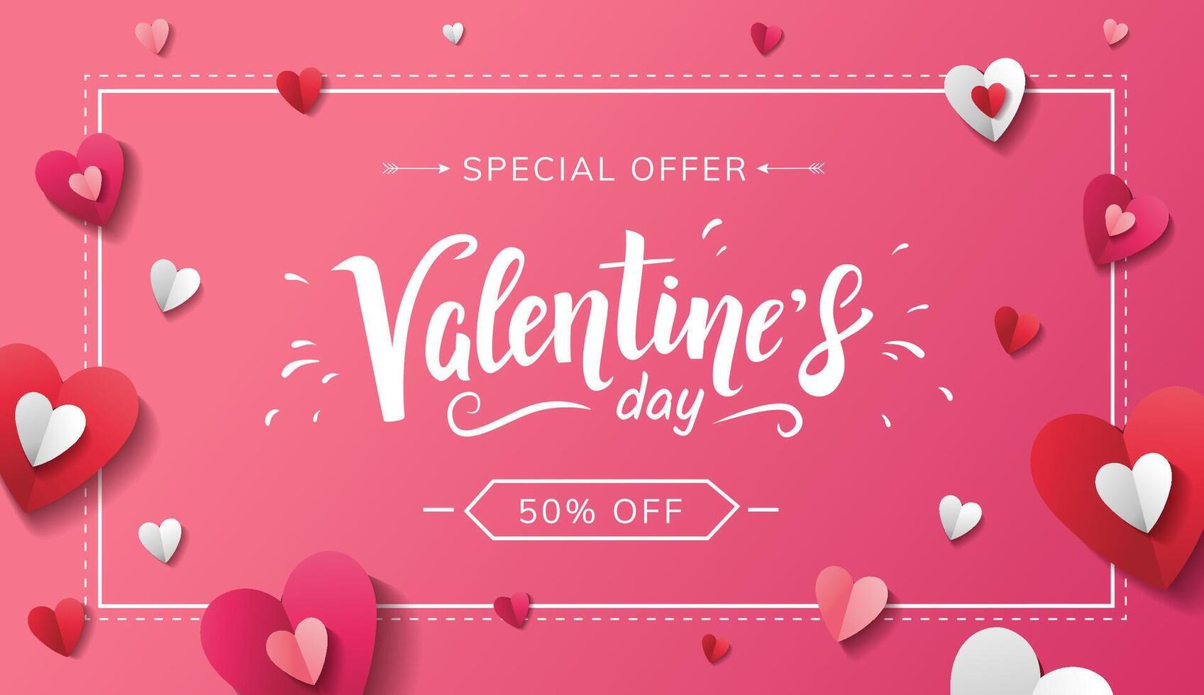 Valentine's Day special offer horizontal banner design with paper red pink and white hearts on pink background and lettering vector