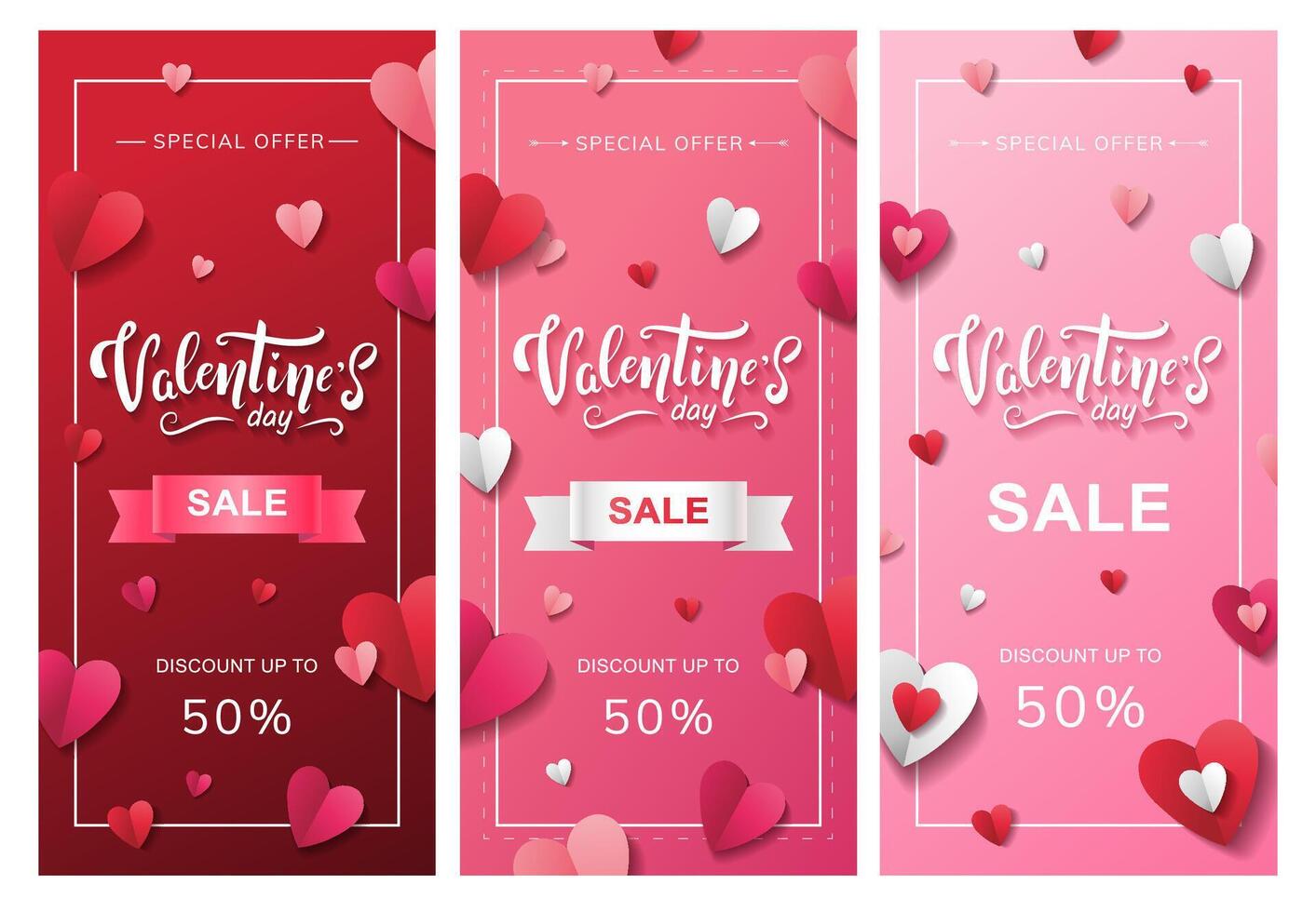 Set of Valentine's Day Sale vertical flyers design with paper hearts in red white and pink colors. Discount up to 50 percent vector