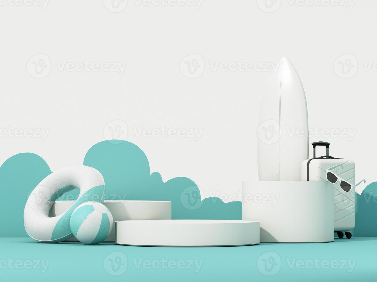 Summer vacation scene with beach essentials like a surfboard, suitcase, and inflatable ring. A modern concept of relaxation, travel, and tropical getaways. 3d rendering photo