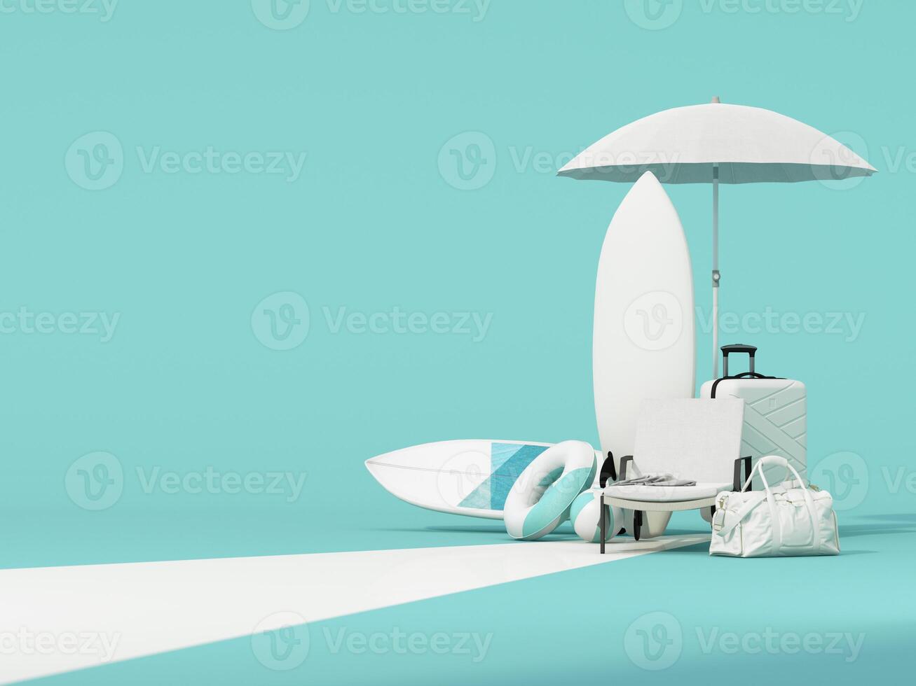 Minimalist summer travel concept with beach essentials, including a sun lounger, umbrella, surfboard, and travel bags, evoking a sense of relaxation, tropical adventure, and vacation. 3d rendering photo