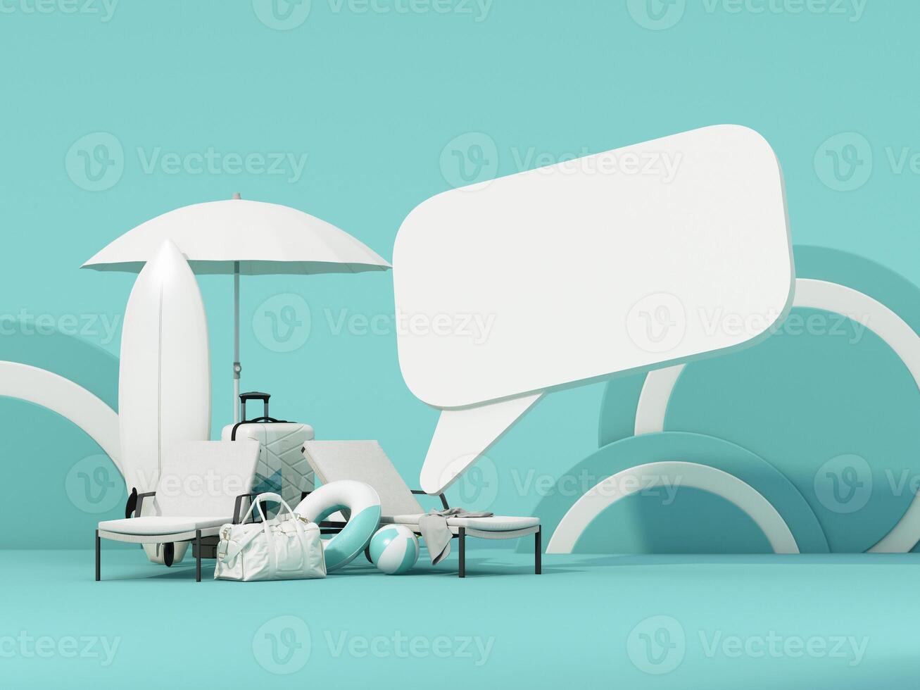 Modern summer travel concept featuring beach essentials such as sun loungers, a surfboard, umbrella, and travel bags. A minimalistic and evoking relaxation, adventure and tropica 3d rendering photo