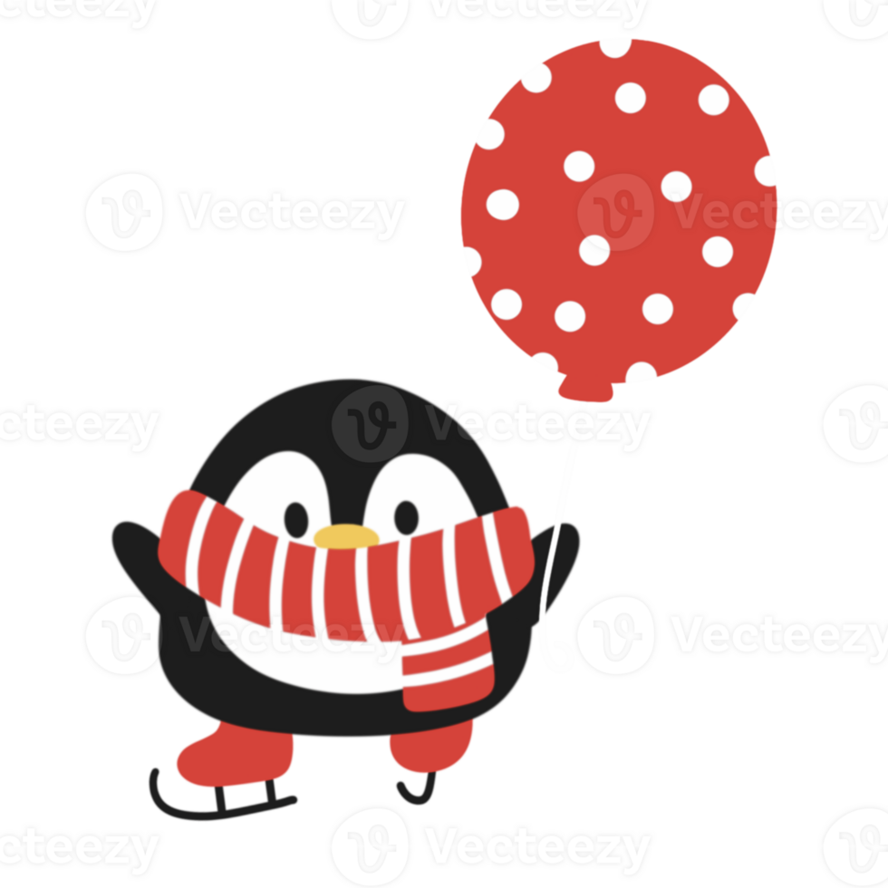 Penguin with red polka dot scarf holding a balloon png