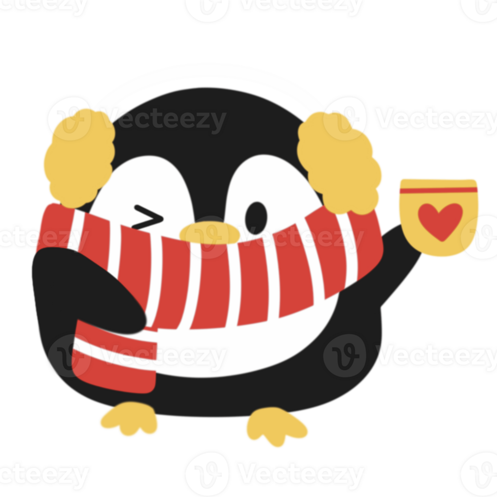 A penguin wearing a scarf and holding a cup png