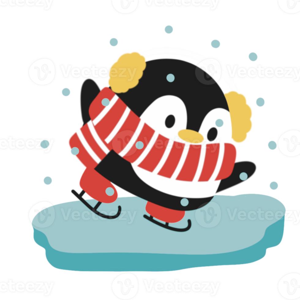 A penguin wearing a scarf and hat is riding on a snowboard png