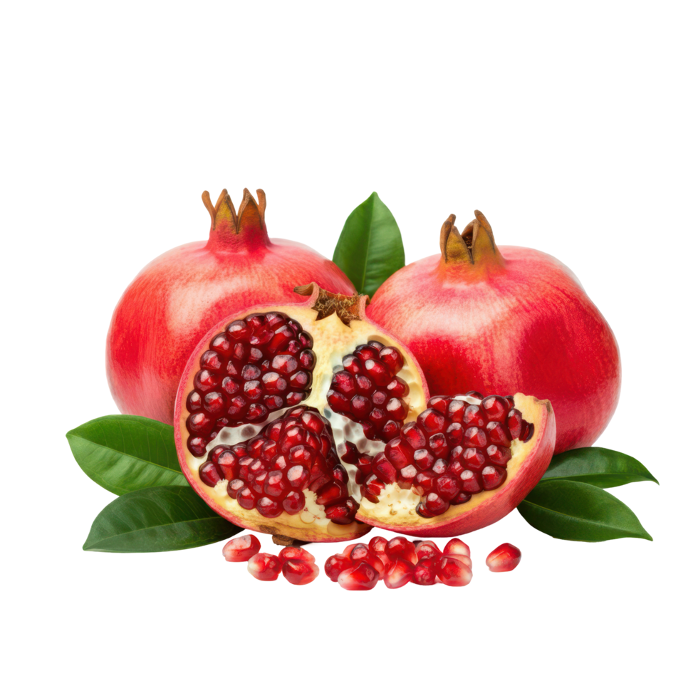 Vibrant Half Slice of Two Ripe Pomegranates with Leaf for Healthy Vitamin C Snack png