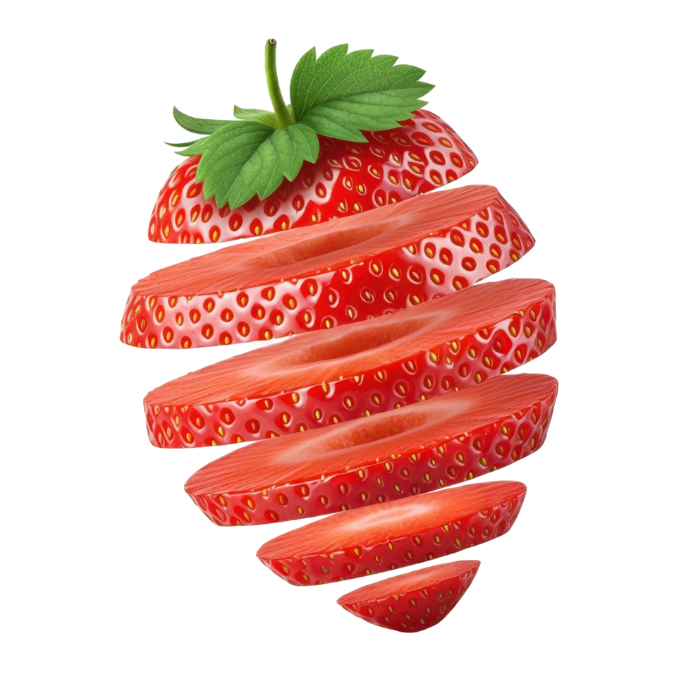 Vibrant strawberry slice with green leaf, healthy and fresh fruit close up png