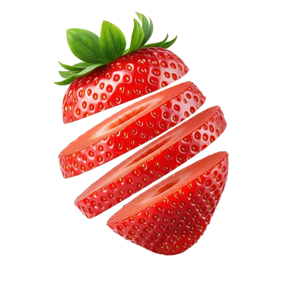 Fresh ripe strawberry slice with leaf, close up, healthy and nutritious png