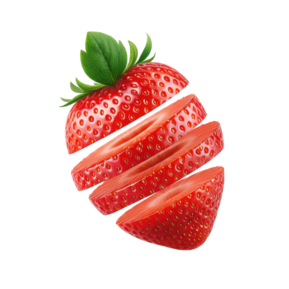 Fresh ripe strawberry slice with green leaf, juicy and sweet close up png