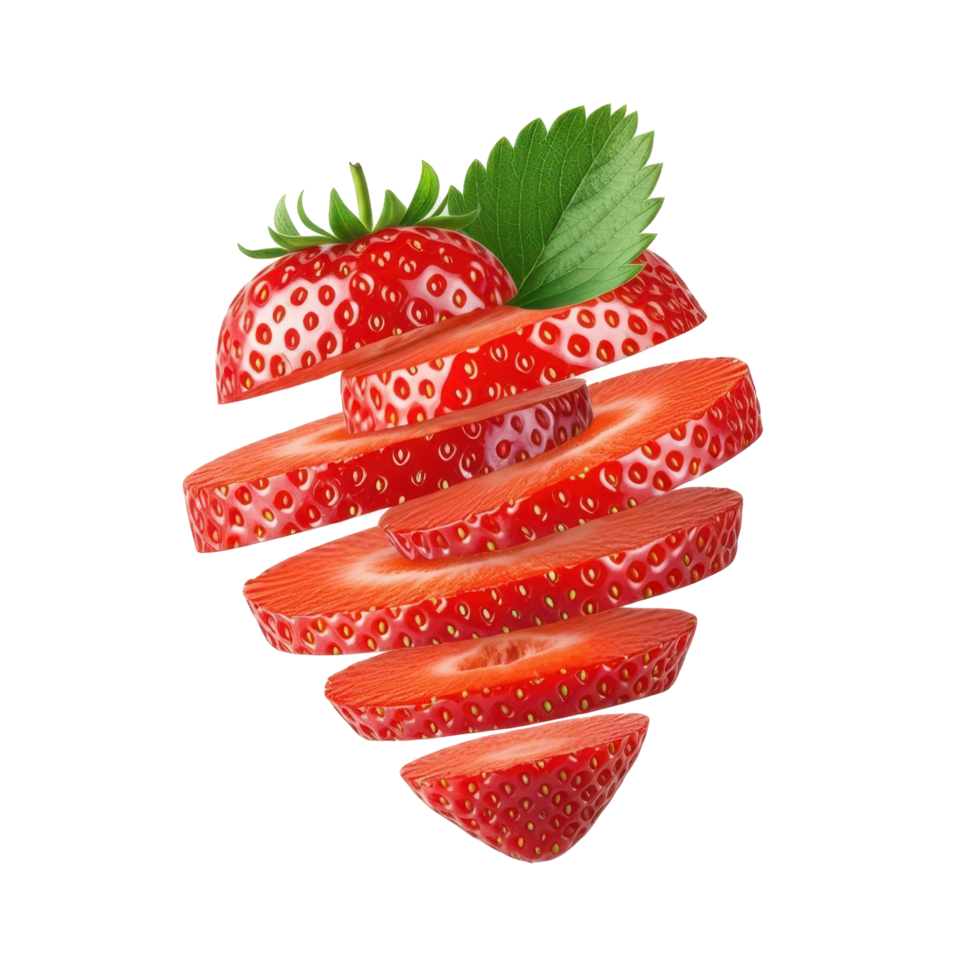 Ripe strawberry slice with green leaf, healthy and natural fruit close up png