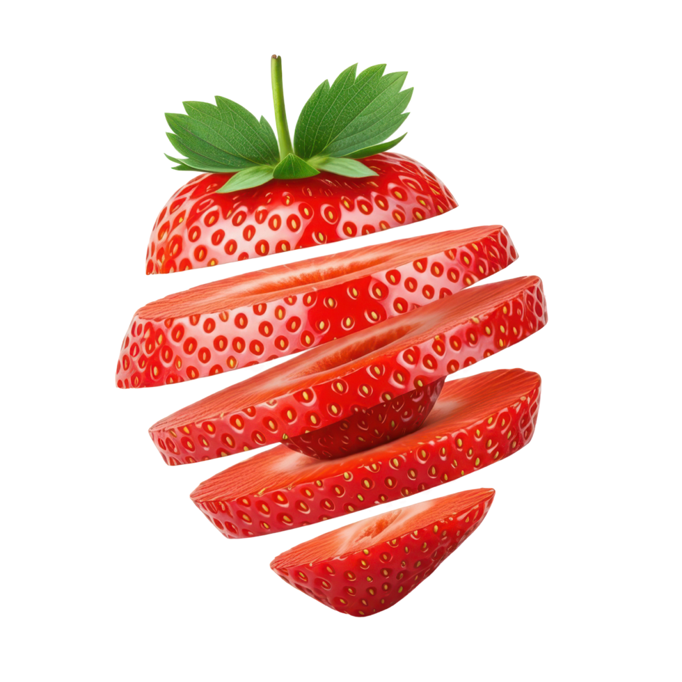 Fresh ripe strawberry slice with green leaf, bright color, healthy snack png