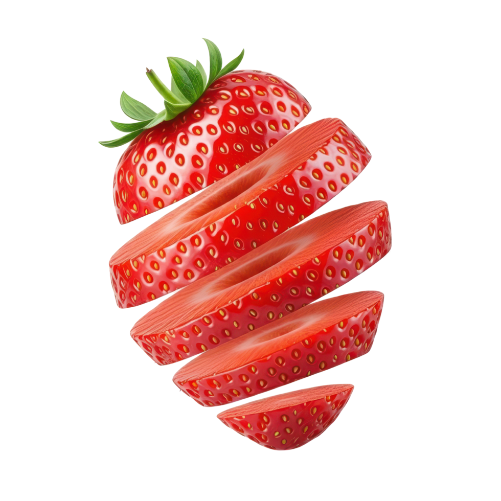 Fresh strawberry slice with leaf, healthy food concept, vibrant red color png