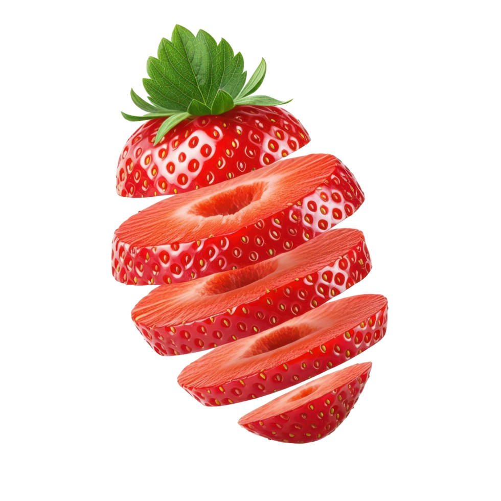 Fresh strawberry slice with vibrant green leaf, healthy food concept, vibrant red color png