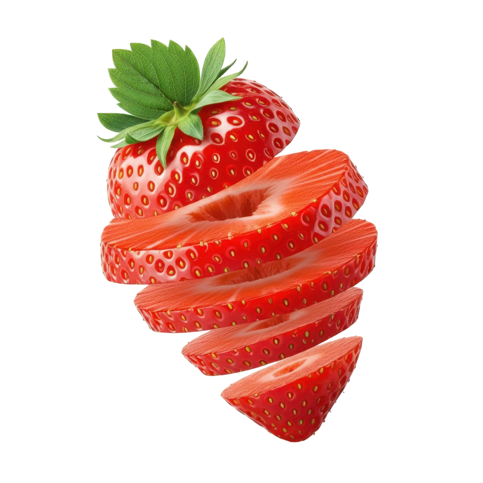 Close up of fresh strawberry slice with leaf, vibrant red and green png