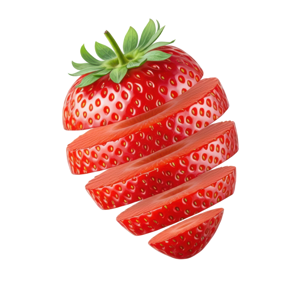 Fresh ripe strawberry slice with vibrant green leaf, healthy close up png