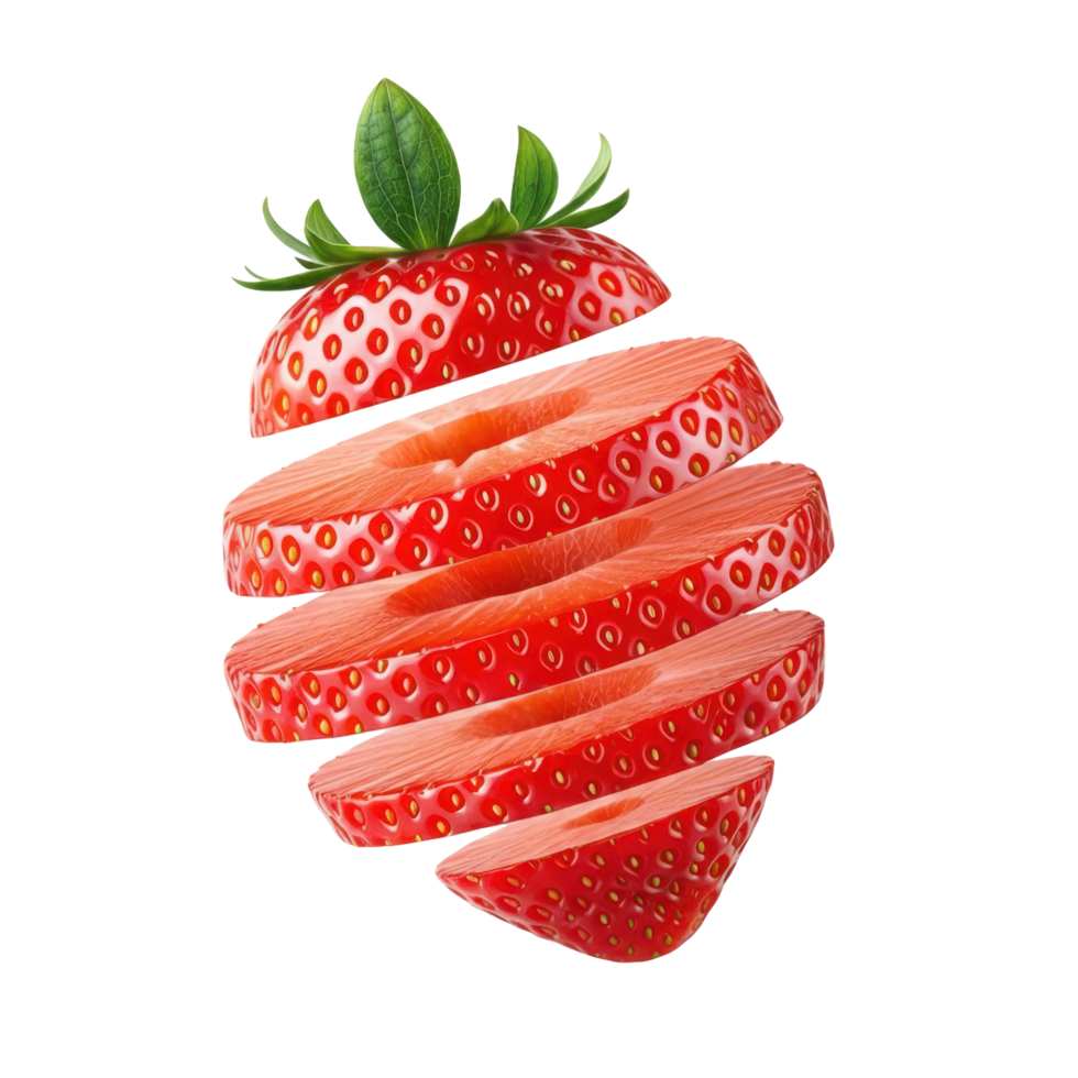 Vibrant ripe strawberry slice with green leaf, healthy snack close up png