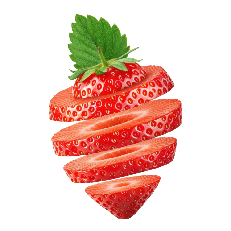 Fresh sliced strawberry with green leaf, vibrant color and healthy food png