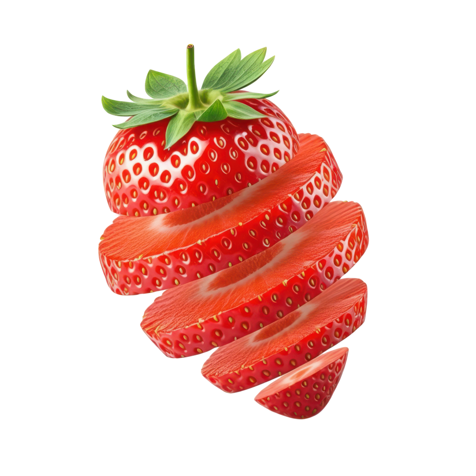 Fresh sliced strawberry with leaf, vibrant red color, healthy food png