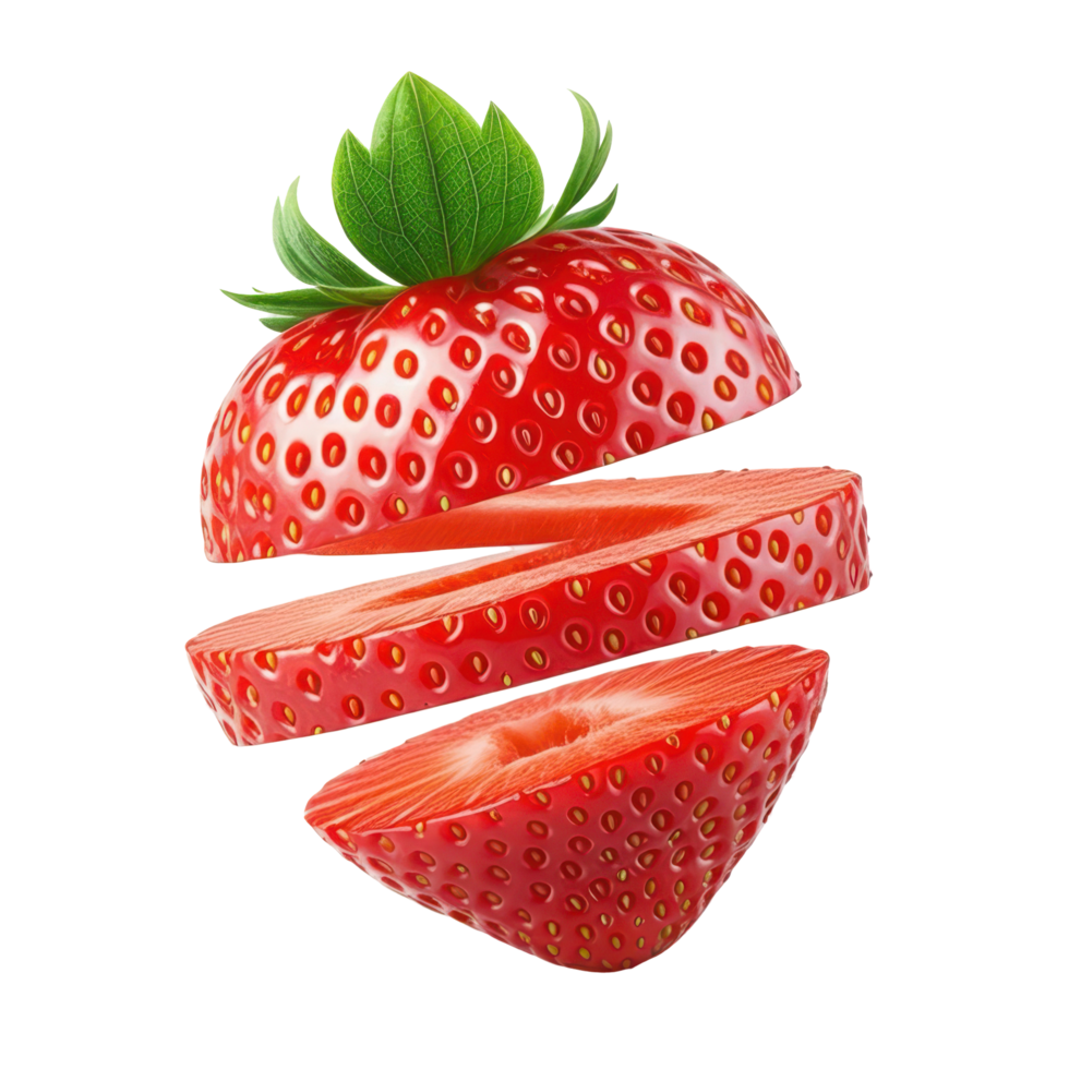 Fresh ripe strawberry slice with leaf, healthy fruit close up png