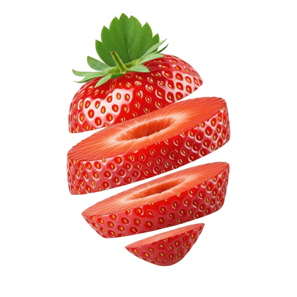 Fresh sliced strawberry with green leaf, healthy and vibrant fruit close up png
