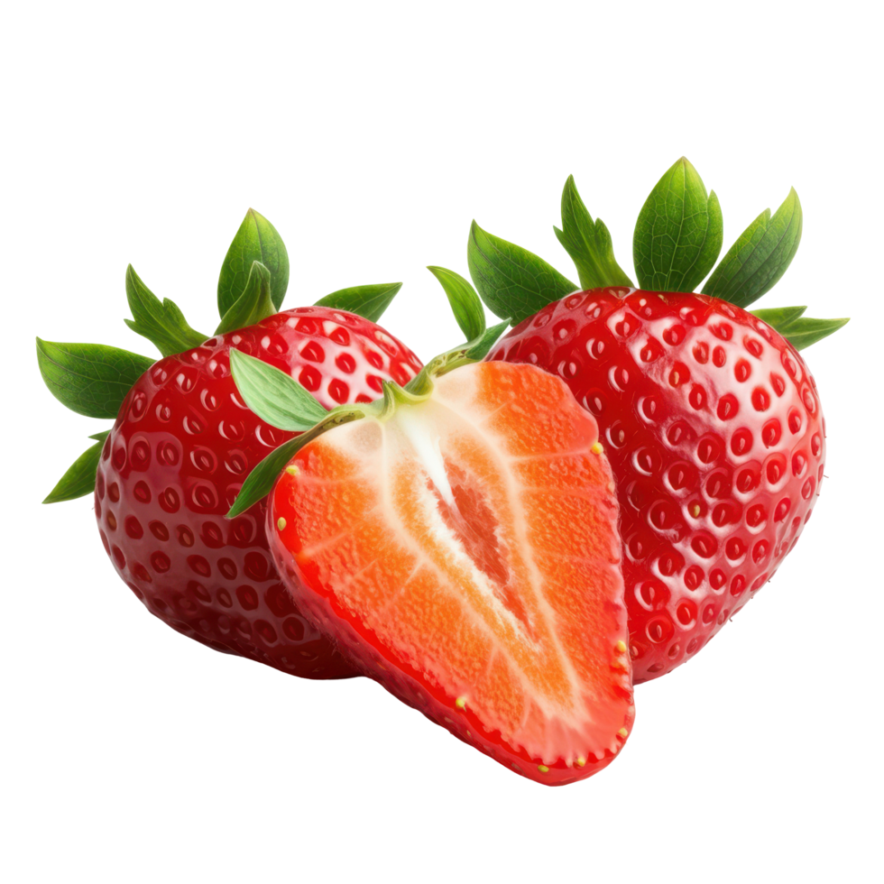 Healthy ripe strawberry half slice with leaf, full of nutrients png