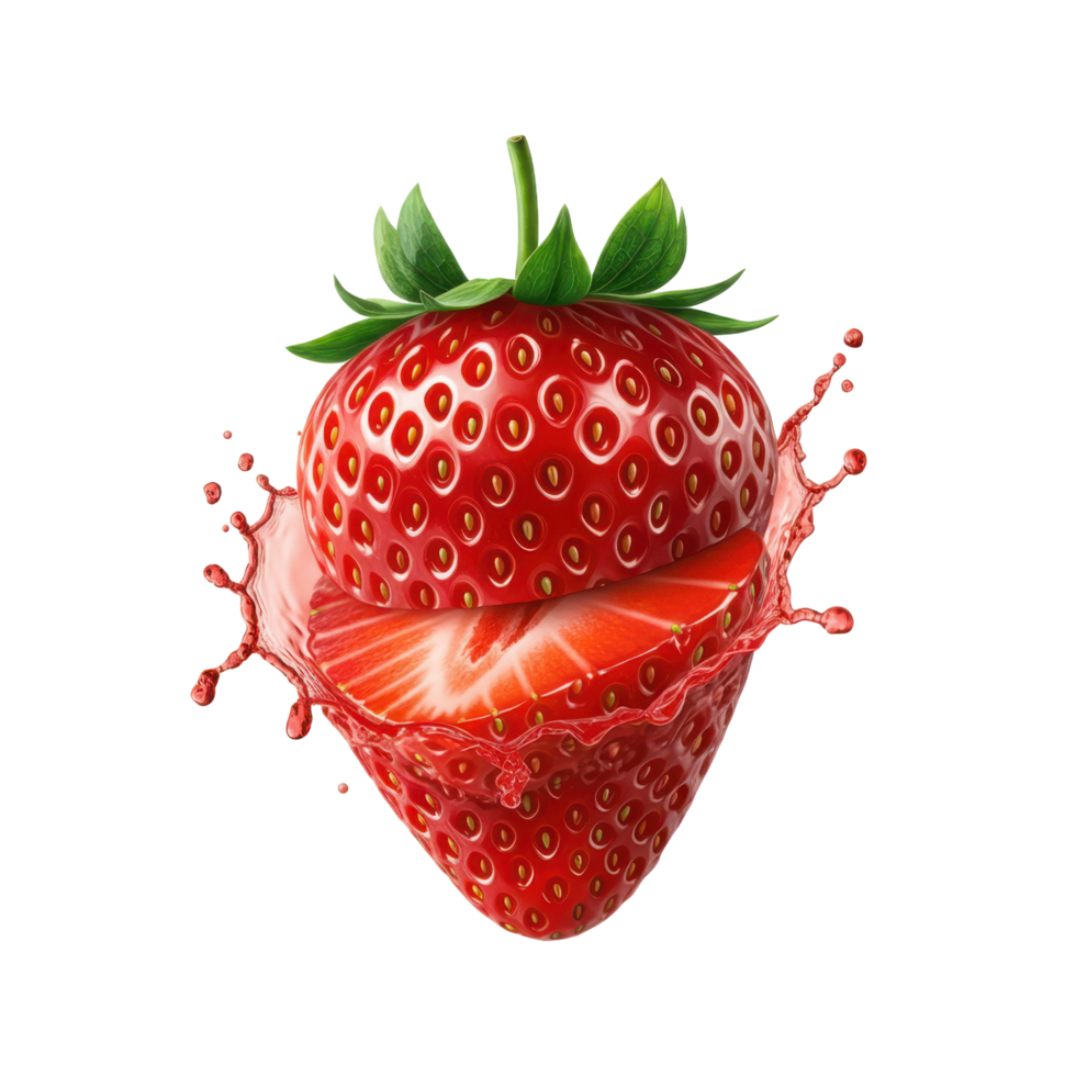 Fresh ripe strawberry slice bursting open with leaf, full of vitamins png