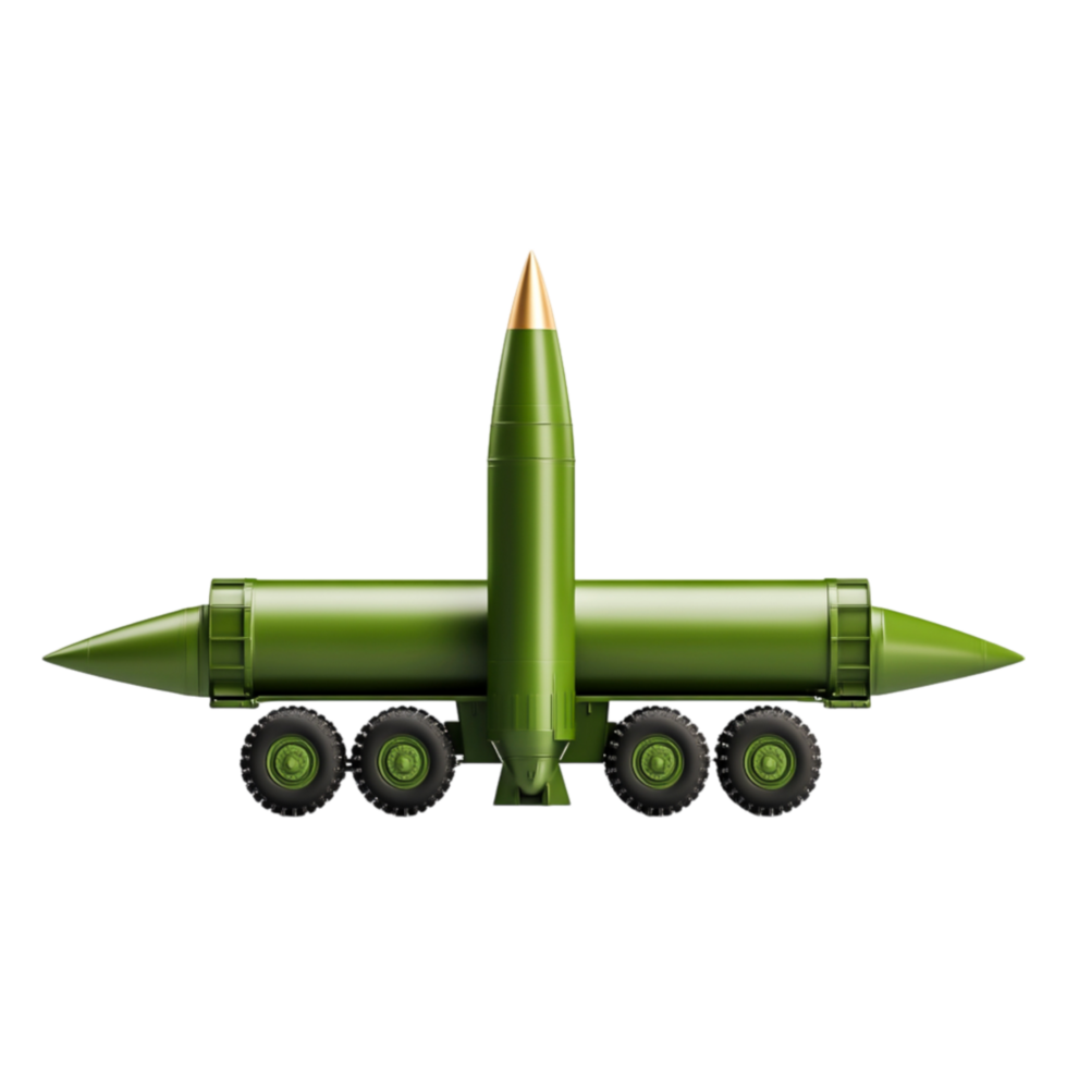 Green Military Missile Launcher with Three Wheels and Sharp Tip png