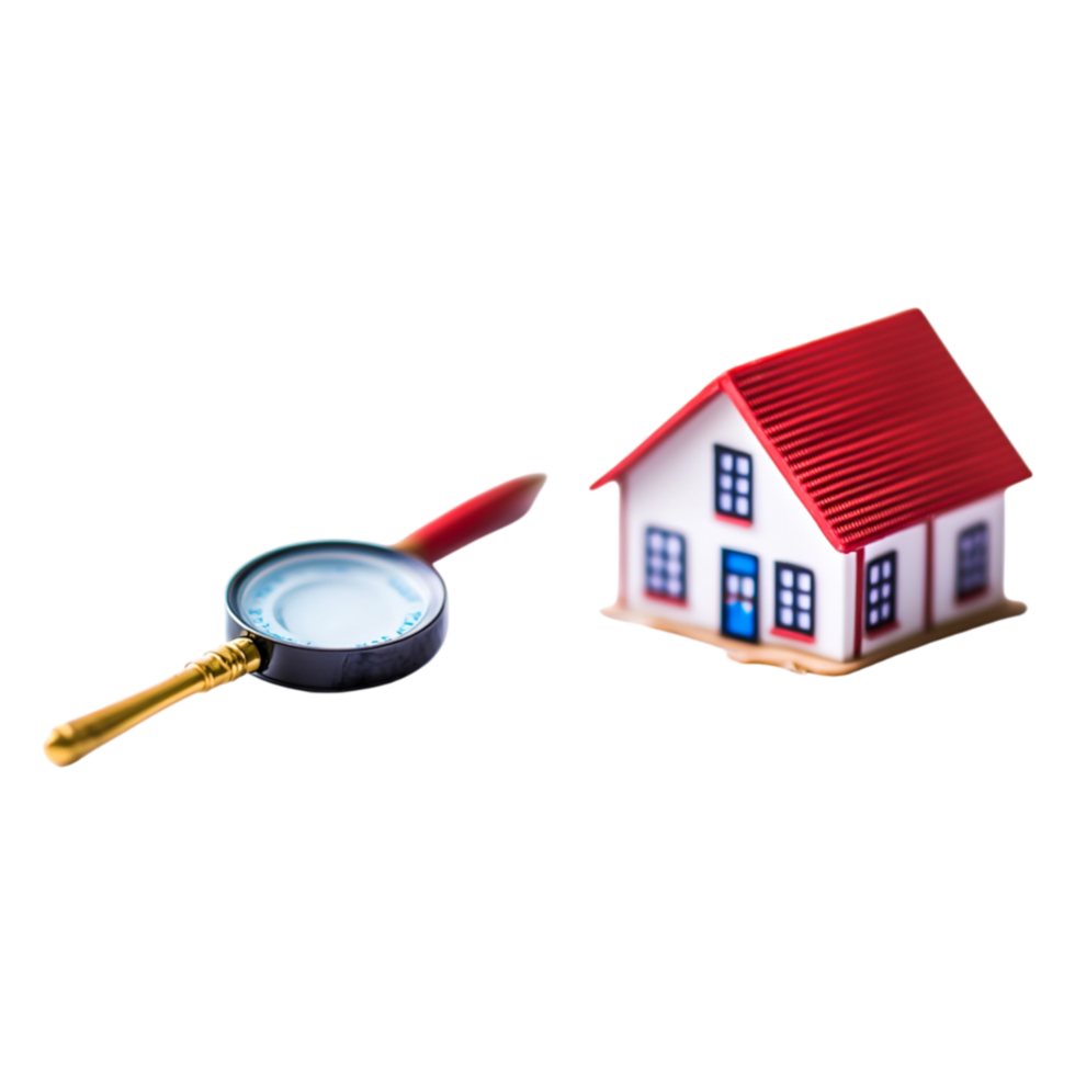 Magnifying Glass and Model House Showing Real Estate Investigation png