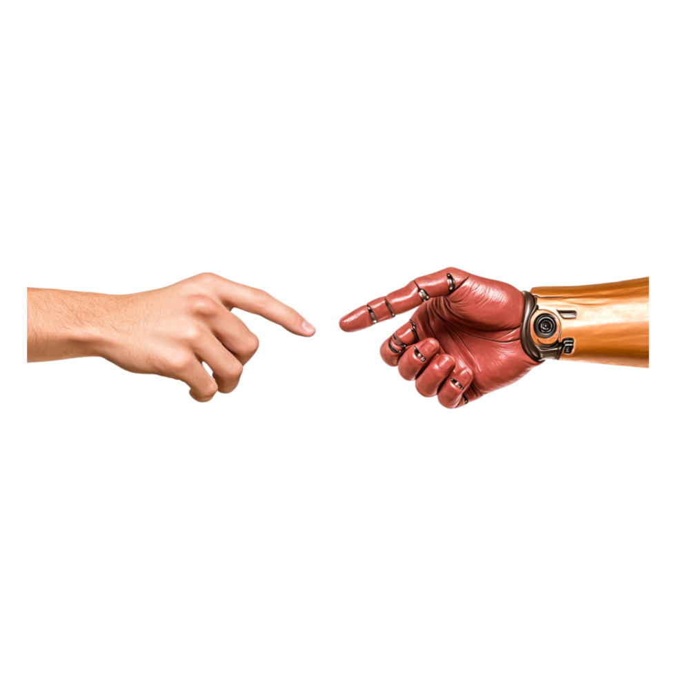 Human Hand Reaching Out to Robotic Hand in a Symbol of Connection png