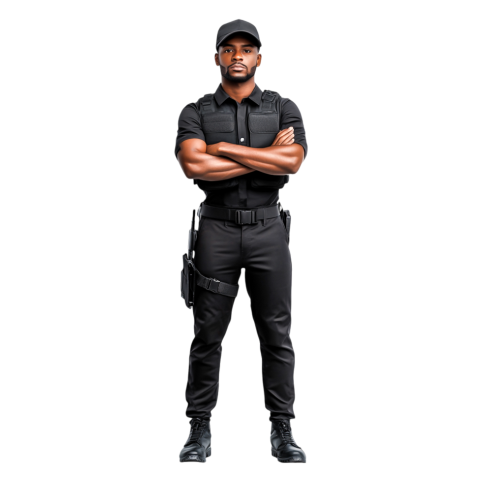 Confident Security Officer Standing Upright in Black Uniform png