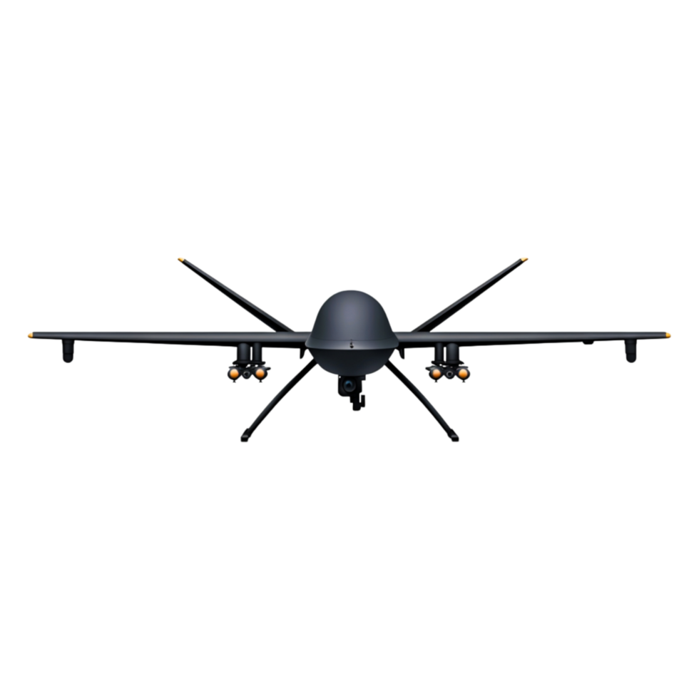 Military Drone with Weapons Attached Flying in Clear Blue Sky png