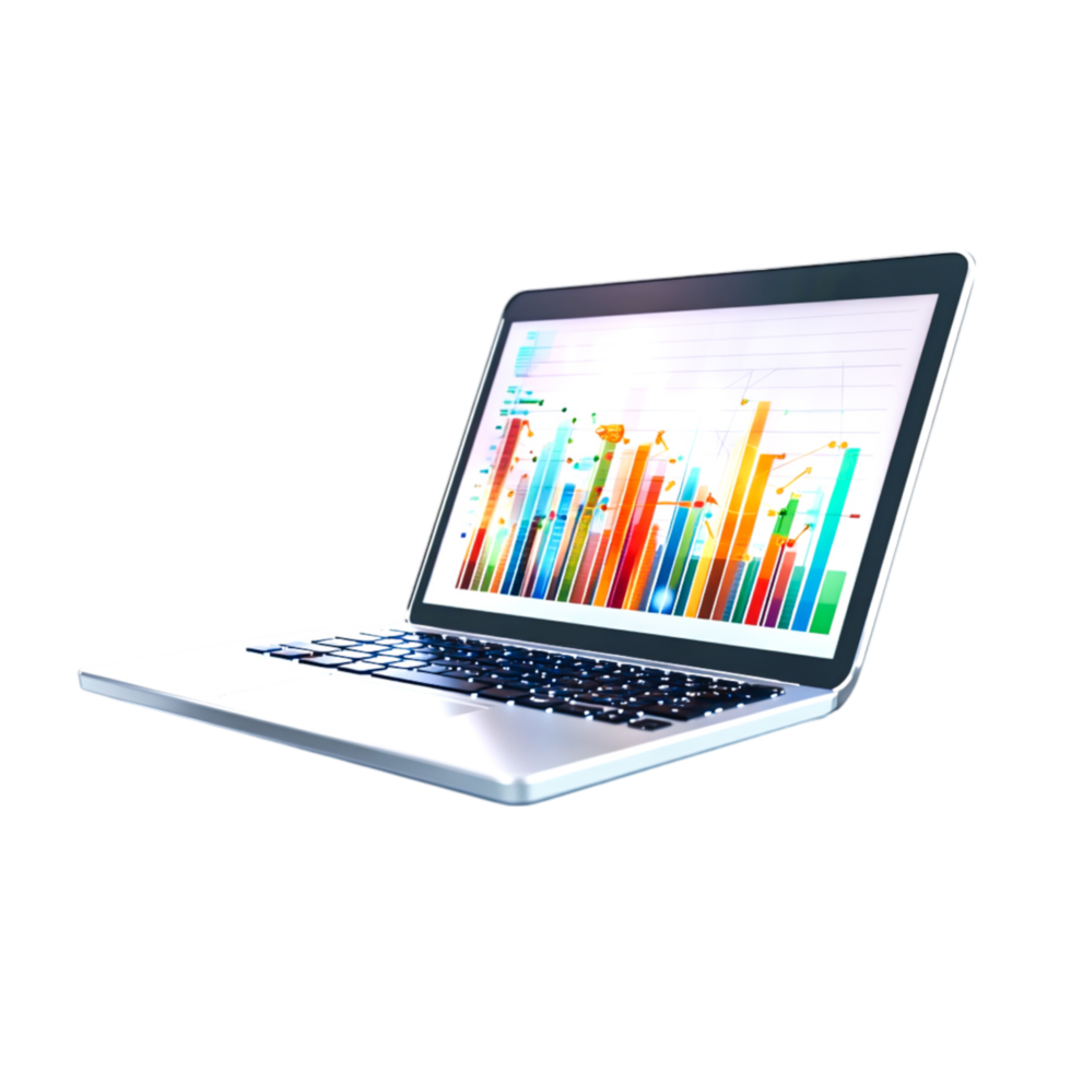 Modern Laptop Displaying Colorful Data Visualization and Analytics png