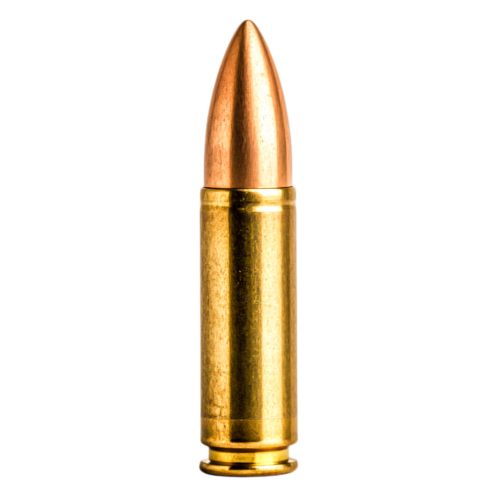 closeup View of a Single Bullet with Copper Tip and Brass Casing png