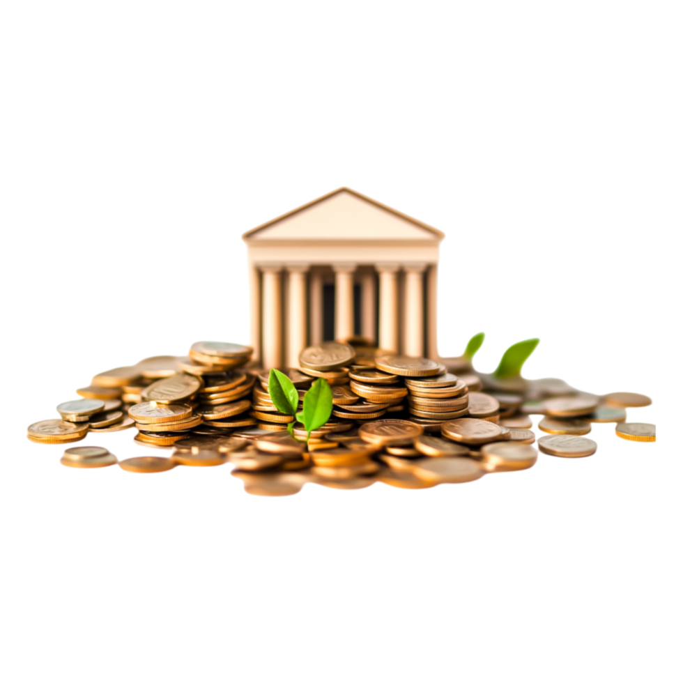 Growth of Wealth Concept with Coins and a Bank Building Model png