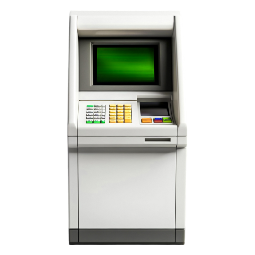 White ATM Machine with Bright Screen and Keypad for Cash Withdrawal png