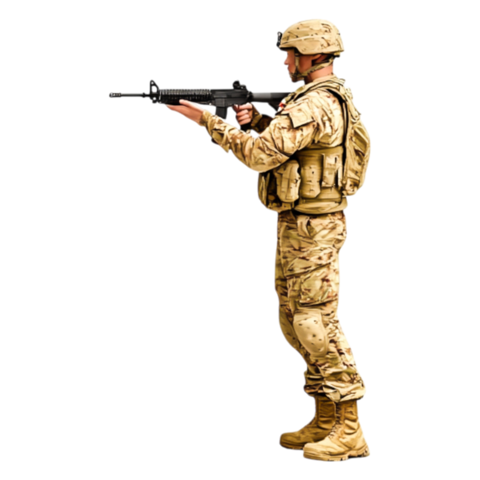 Soldier in Camouflage Uniform Holding Gun in Ready Position png