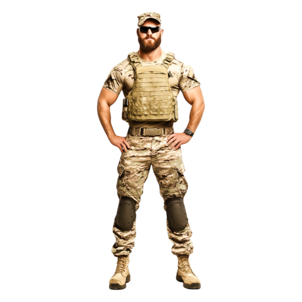 Soldier in Tactical Gear with Sunglasses and Combat Uniform png
