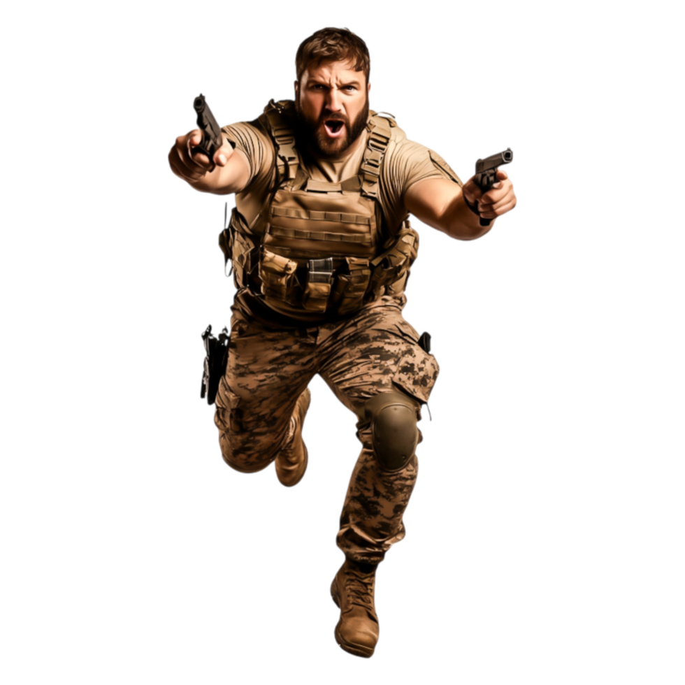 Armed Soldier in Combat Stance with Weapons in Urban Environment png