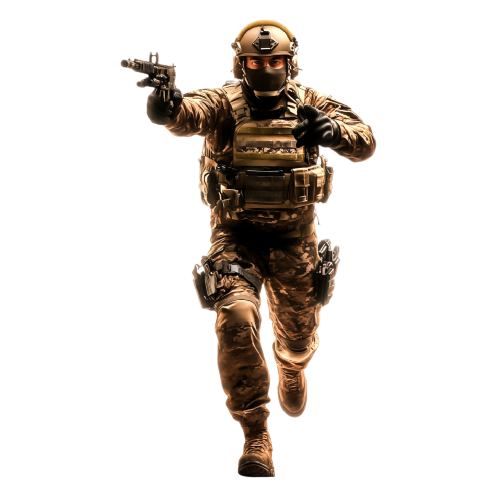Armed Soldier in Tactical Gear Running with Pistol in Action Pose png