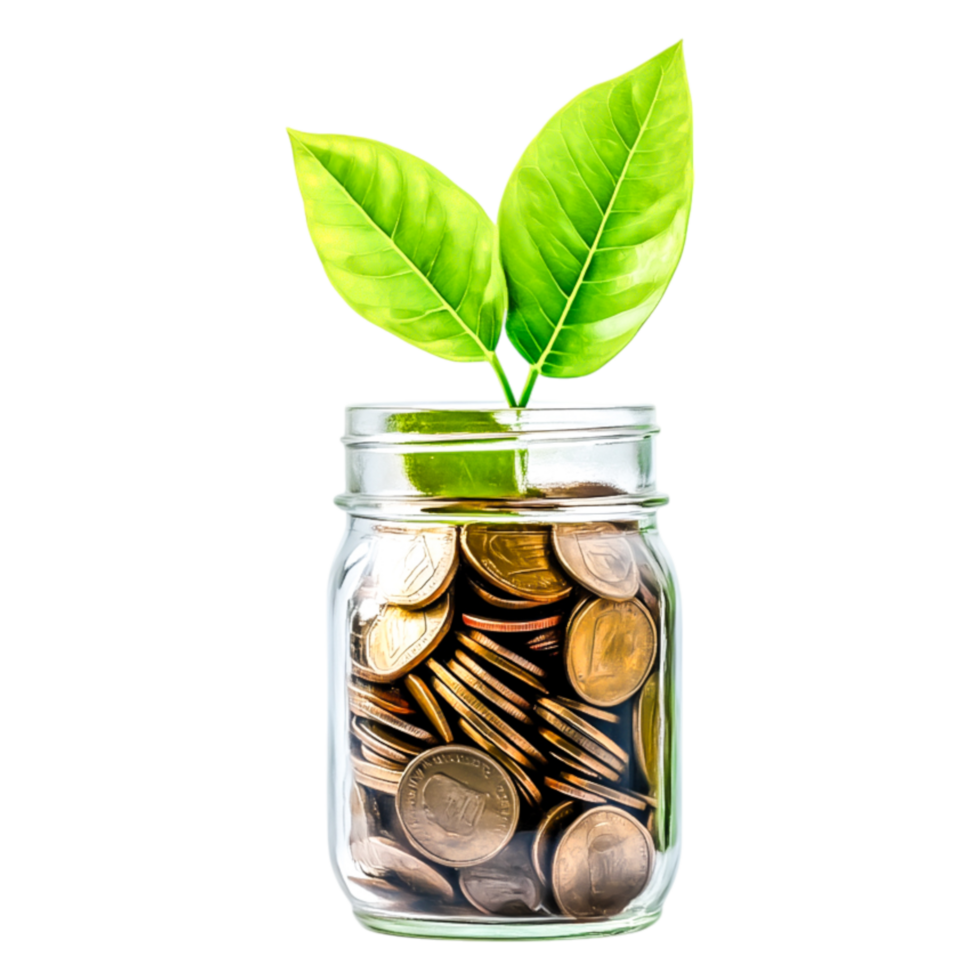 Growth Concept with Coins and Fresh Leaves in Glass Jar png