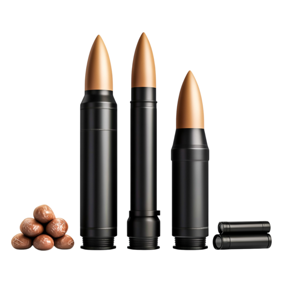 Artistic Arrangement of Bullets with Chocolate Coated Nuts on White png