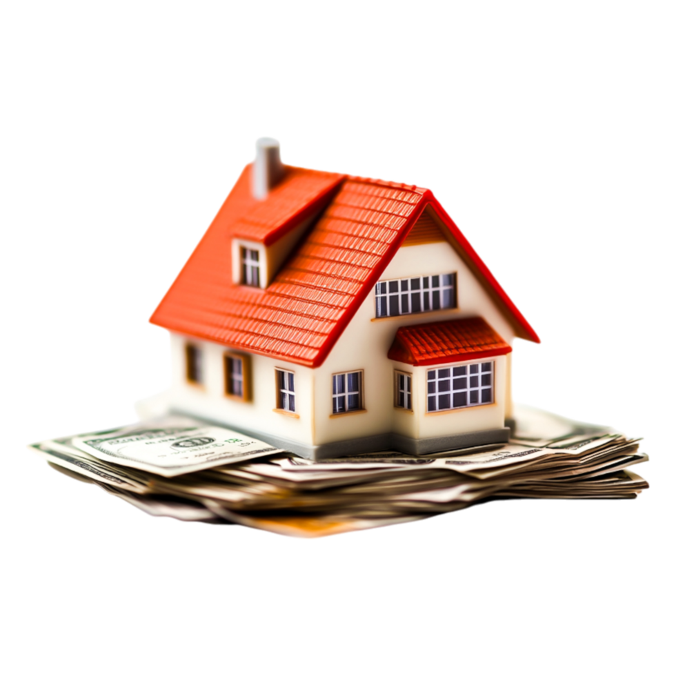 Model house on pile of cash representing real estate investment value png