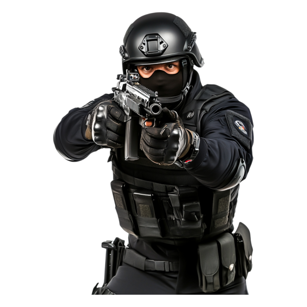 Tactical law enforcement officer aiming weapon from behind cover png