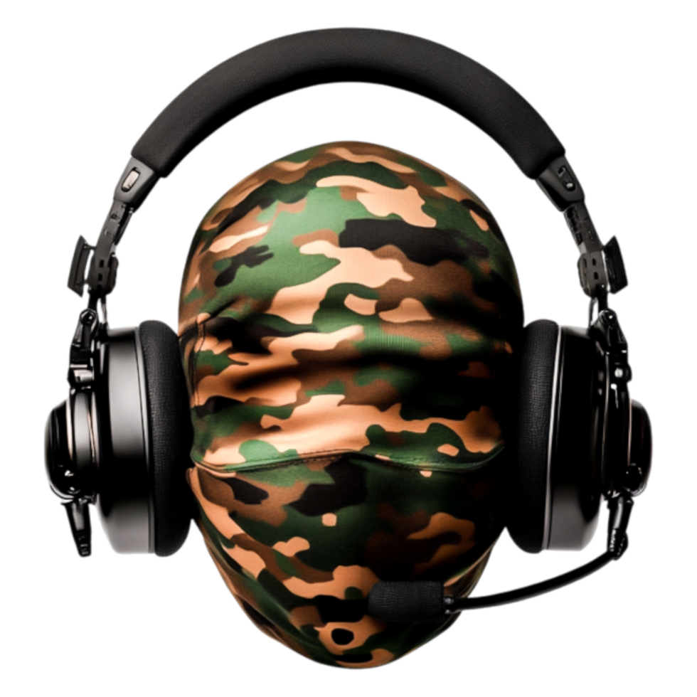 Masked Individual with Headset in Camouflage Pattern Background png