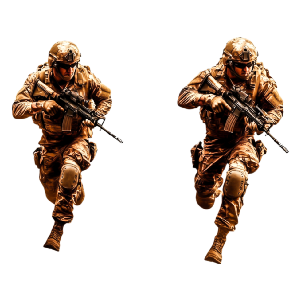 Soldiers in Camouflage Gear with Assault Rifles in Action Pose png