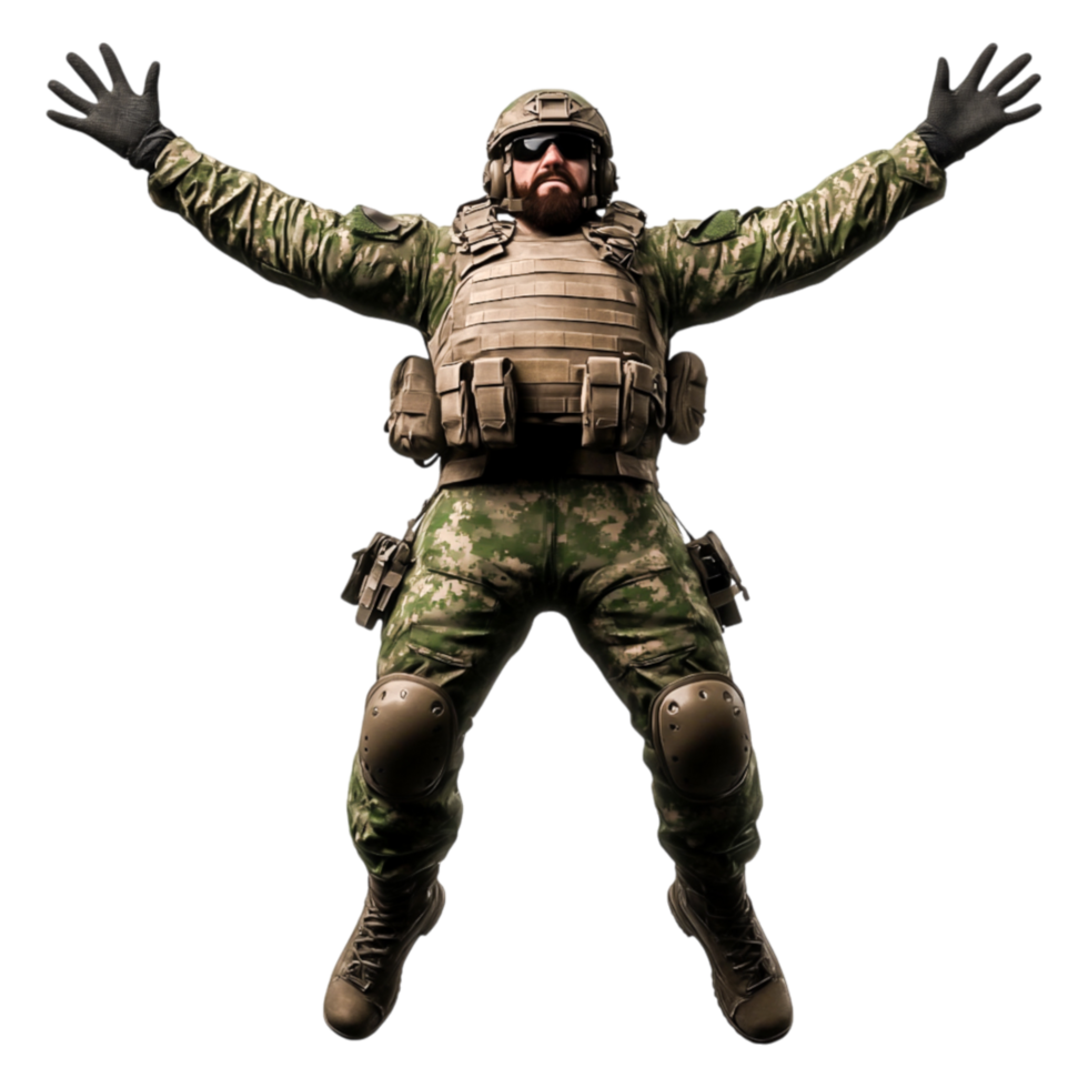 Soldier in Tactical Gear with Arms Outstretched for Dynamic Action png