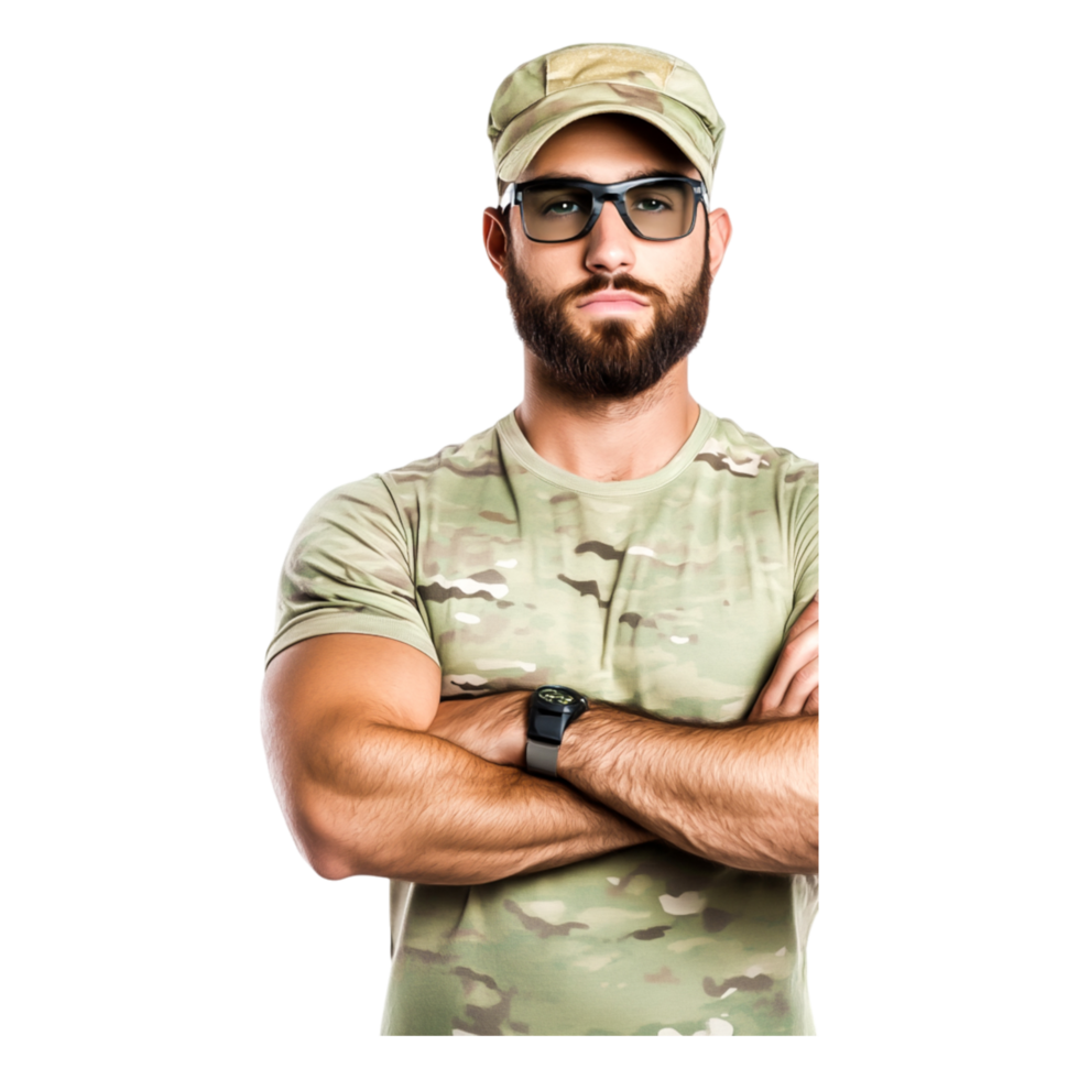 Confident Soldier in Military Uniform with Sunglasses and Cap png