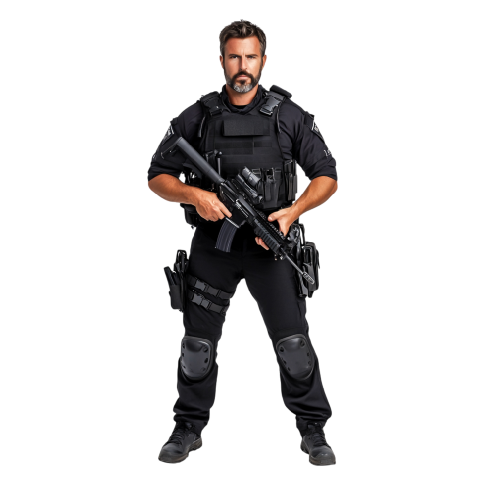 Tactical Operative Standing with Assault Rifle in Combat Gear png