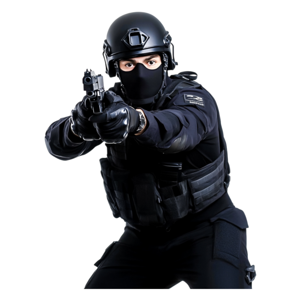 Armed police officer in tactical gear aiming handgun at camera png