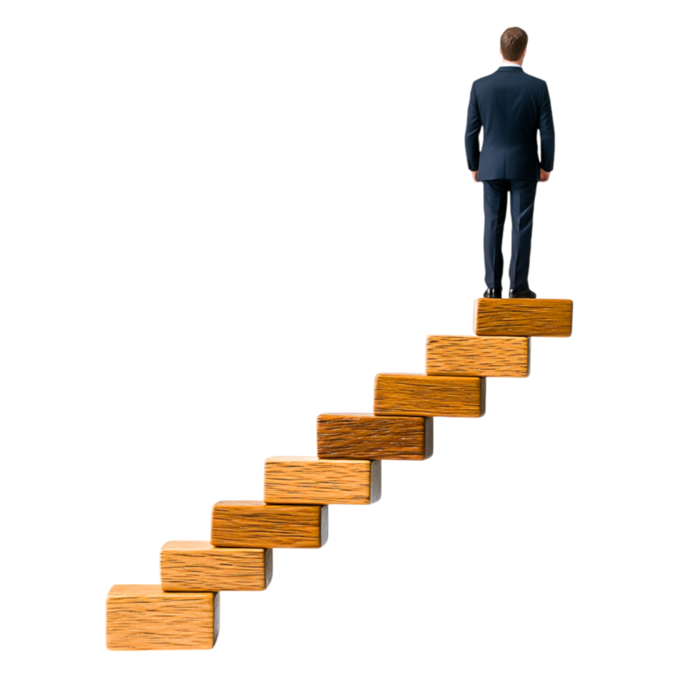 Businessman Climbing Wooden Steps Towards Career Advancement Goals png