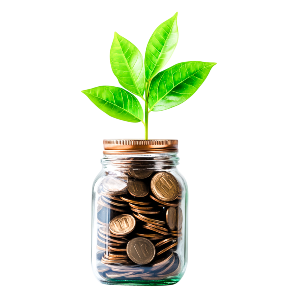 Green Plant Emerging from Jar Filled with Coins on png